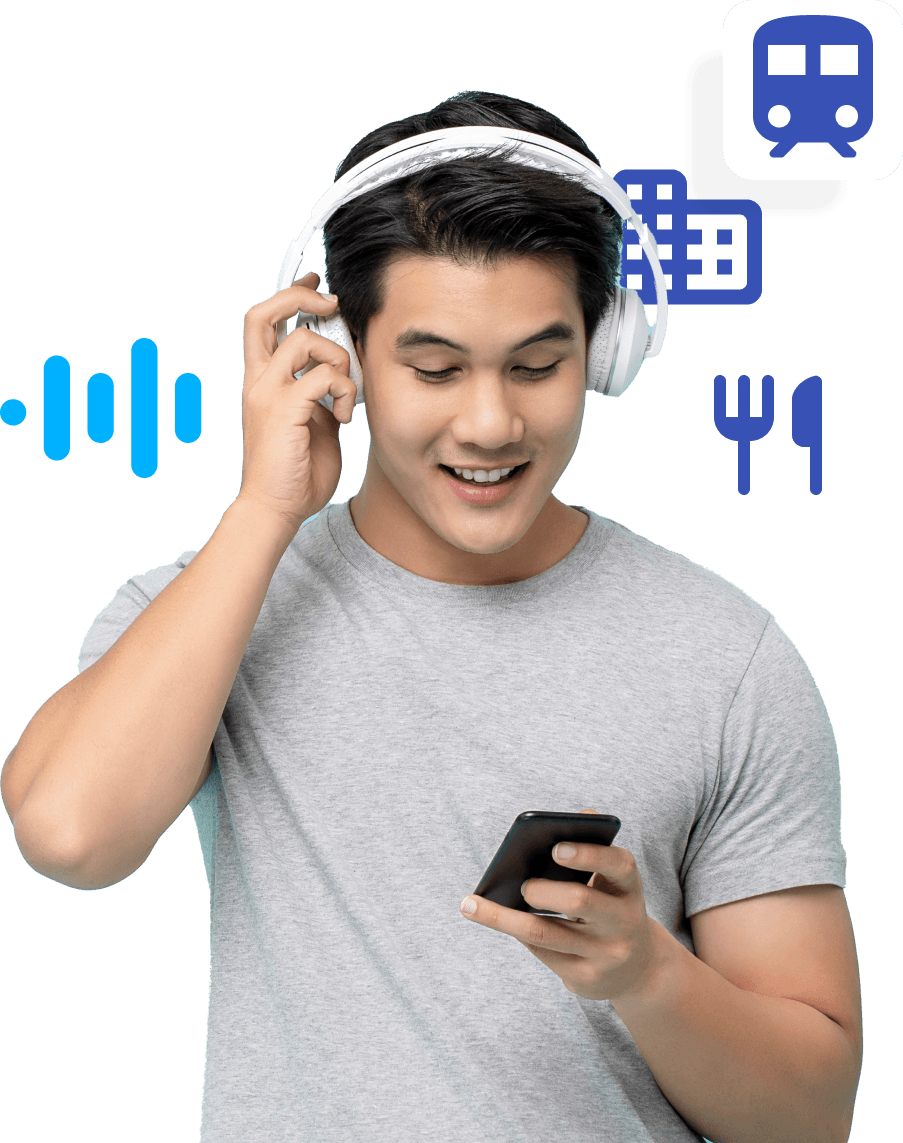 Man listening to Rosetta Stone mobile product on the go