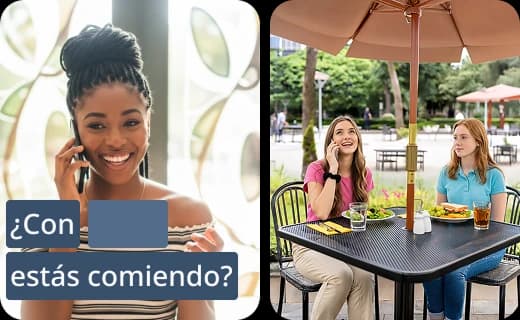 Rosetta Stone app screens showing bite-sized lesson activities covering speaking, reading, listening, and writing, with a Spanish phrase '¿Con estás comiendo?' displayed.