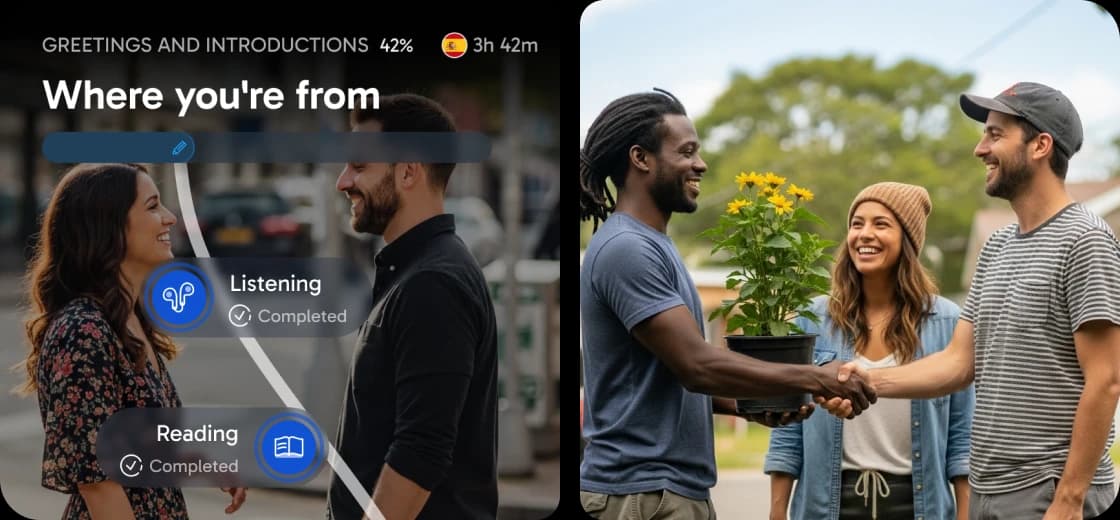 Rosetta Stone app interface showing a 'Where you're from' lesson with progress indicators for listening and reading, alongside a photo of people having an outdoor conversation.